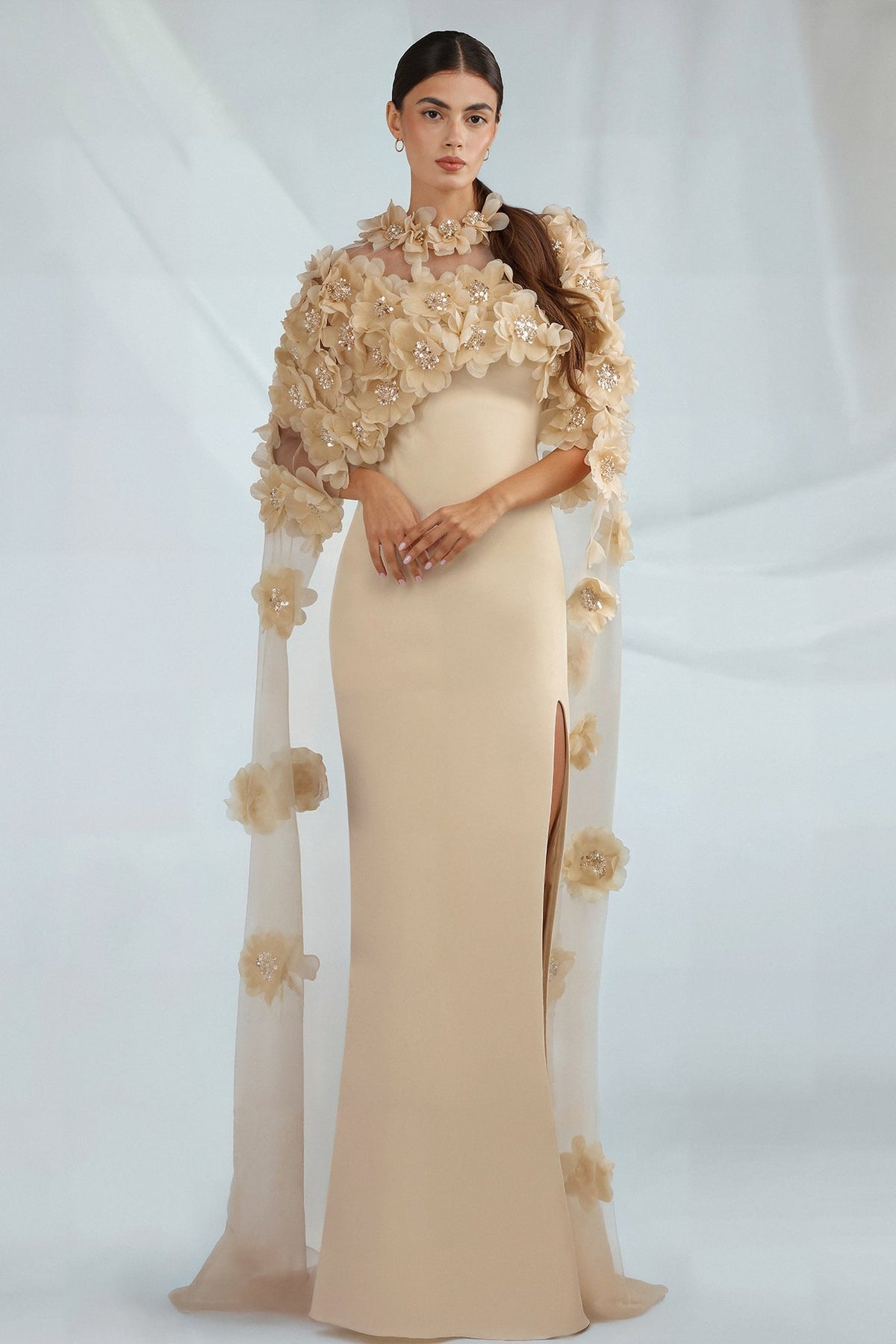 Strapless Floral Cape Gown