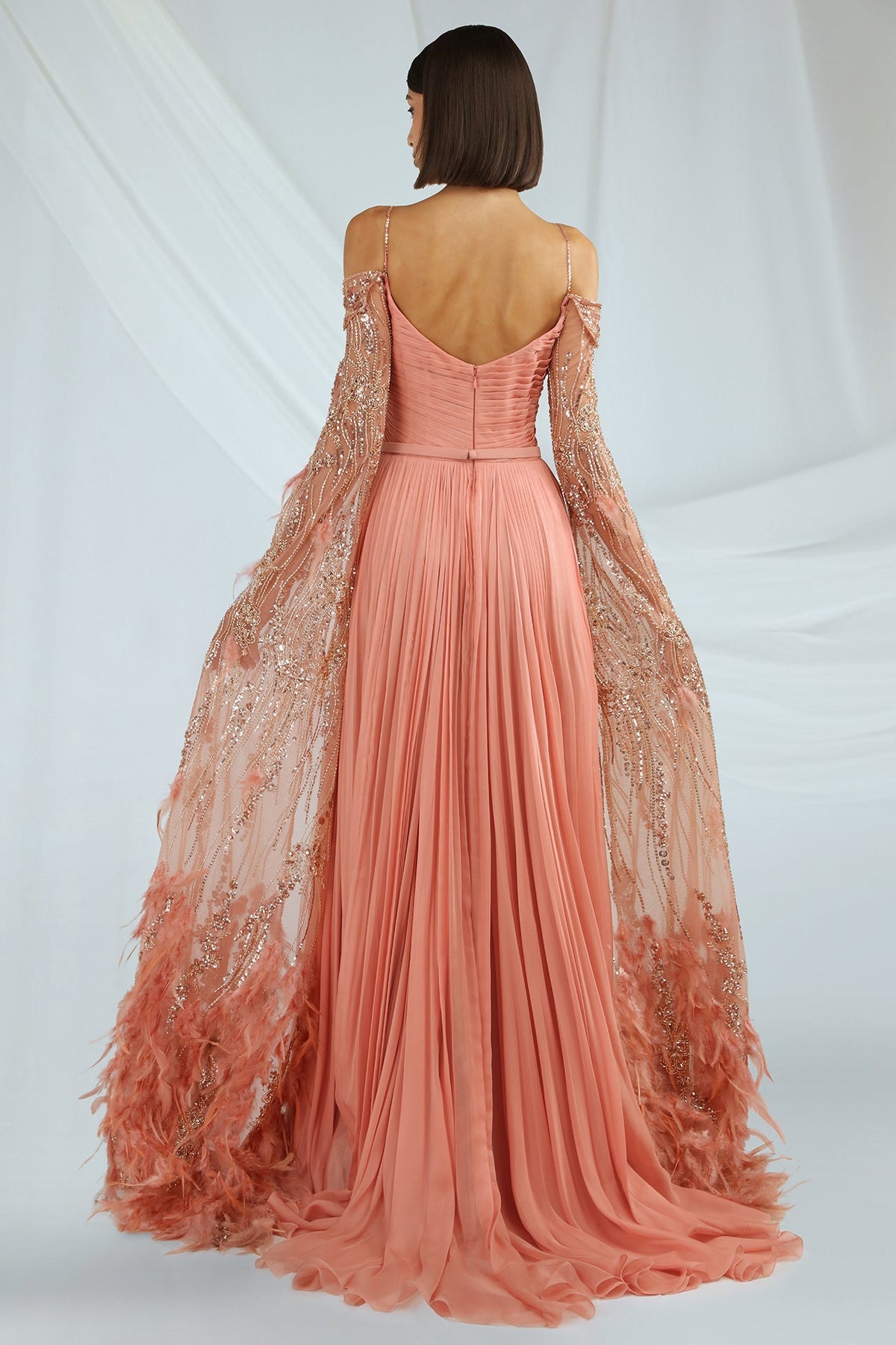 Beaded Feather Cape-Sleeve Gown
