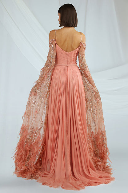Beaded Feather Cape-Sleeve Gown