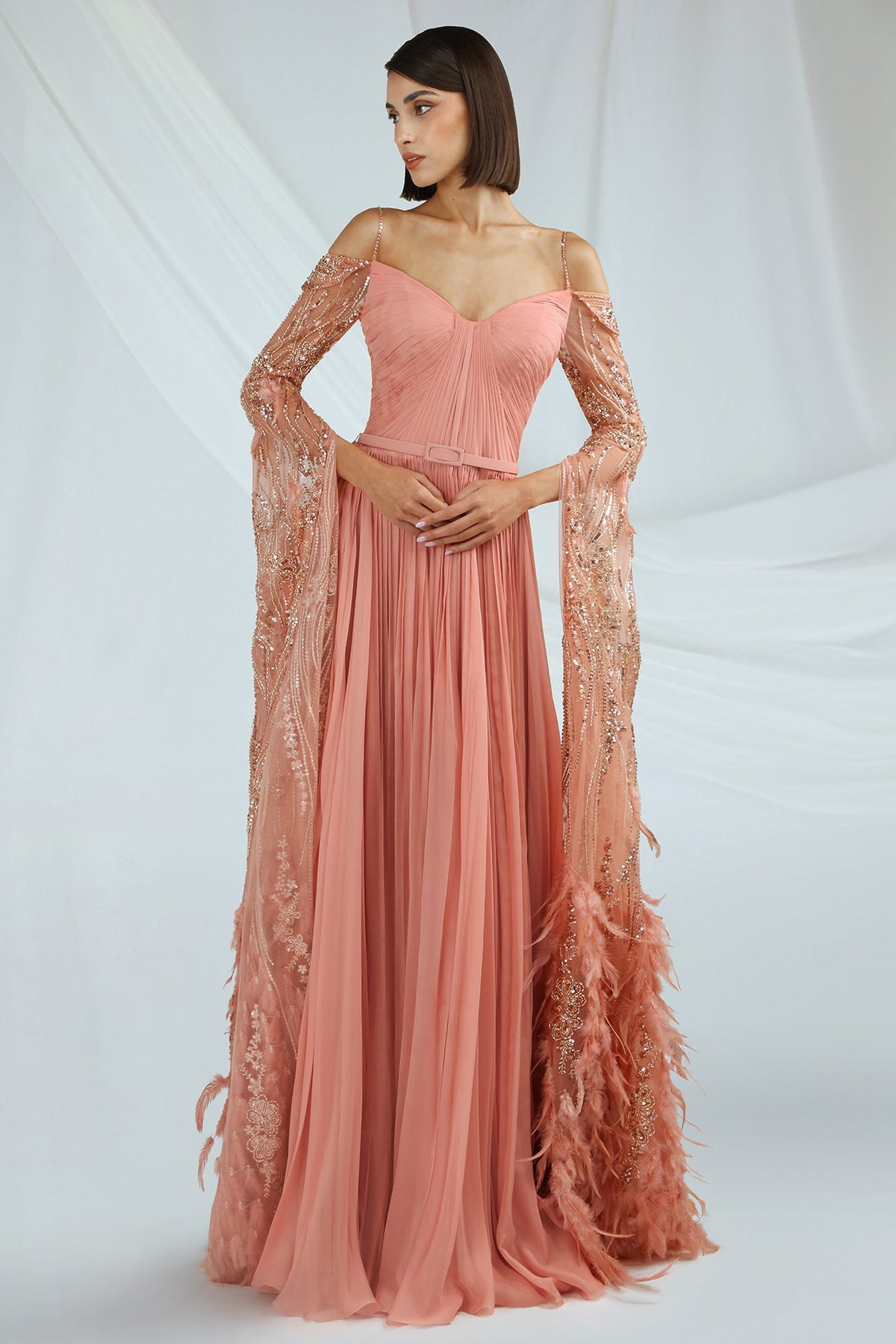 Feather-Hem Cold-Shoulder Gown