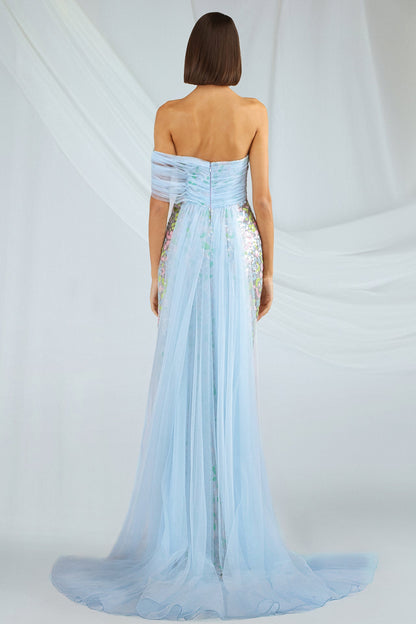 Draped Floral Sequin Gown