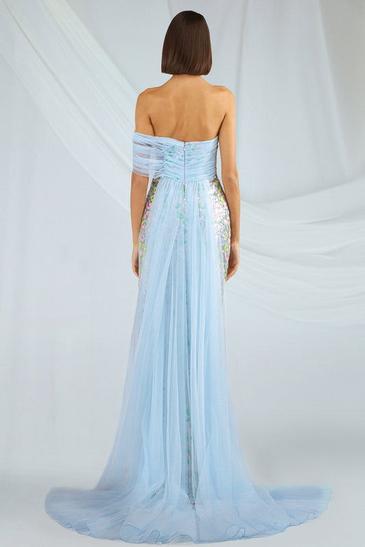 Draped Floral Sequin Gown