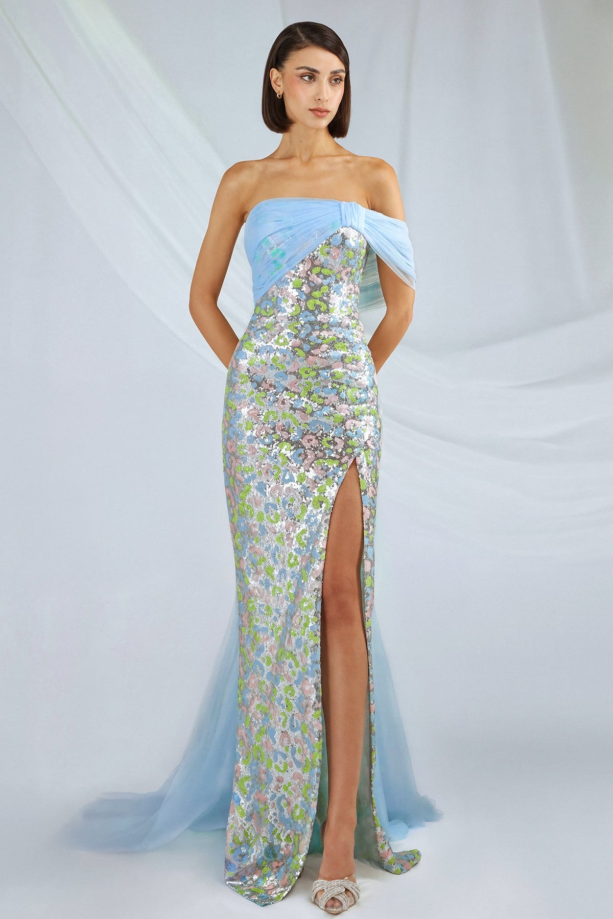 Draped Floral Sequin Gown