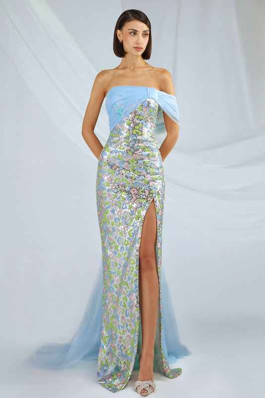 Draped Floral Sequin Gown