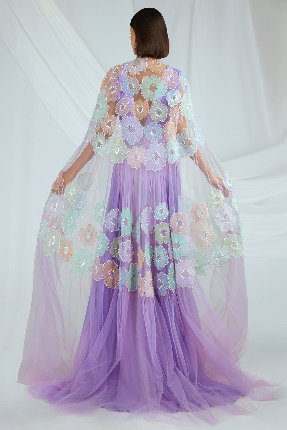 Pleated Floral Cape Gown