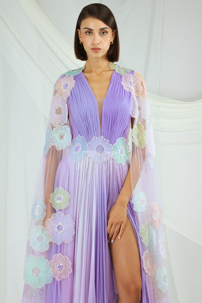 Pleated Floral Cape Gown