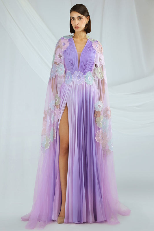 Pleated Floral Cape Gown