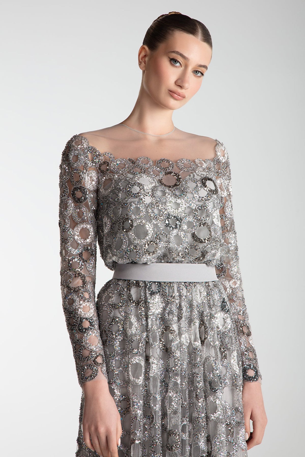 Beaded Circle-Motif Tulle Gown