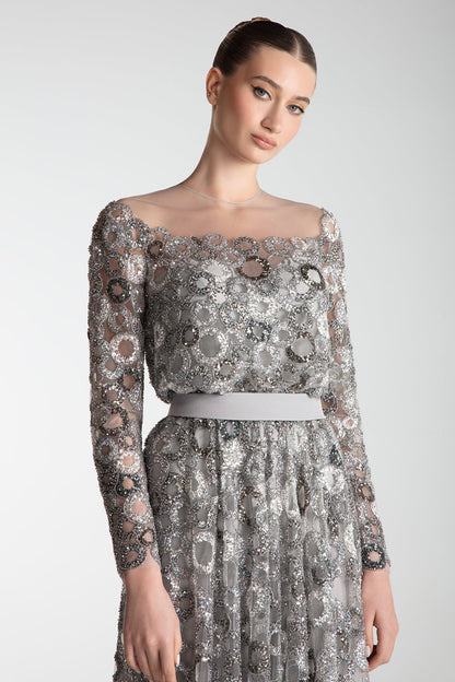 Beaded Circle-Motif Tulle Gown