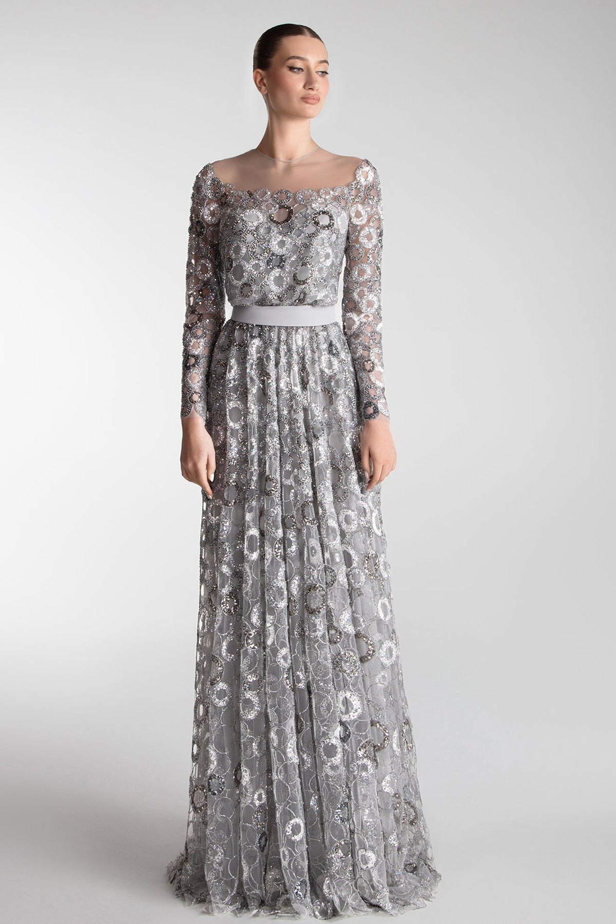 Beaded Circle-Motif Tulle Gown