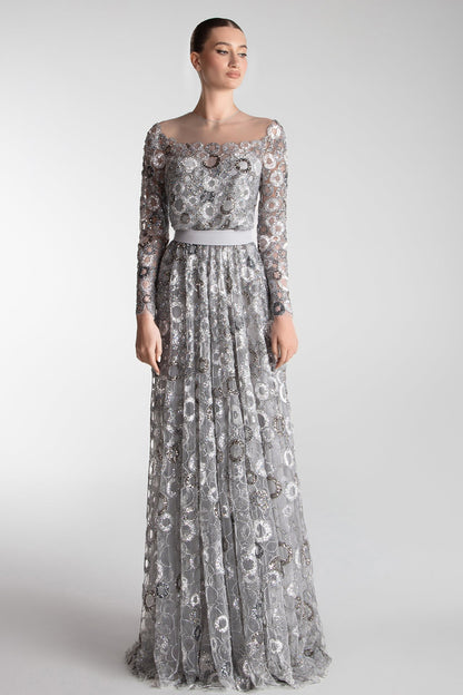 Beaded Circle-Motif Tulle Gown