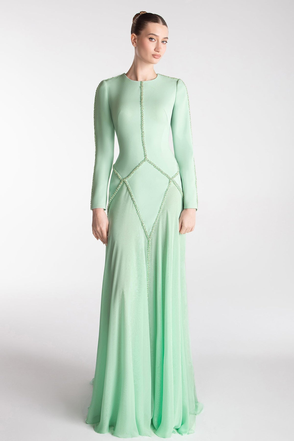 Geometric Beaded Chiffon Gown