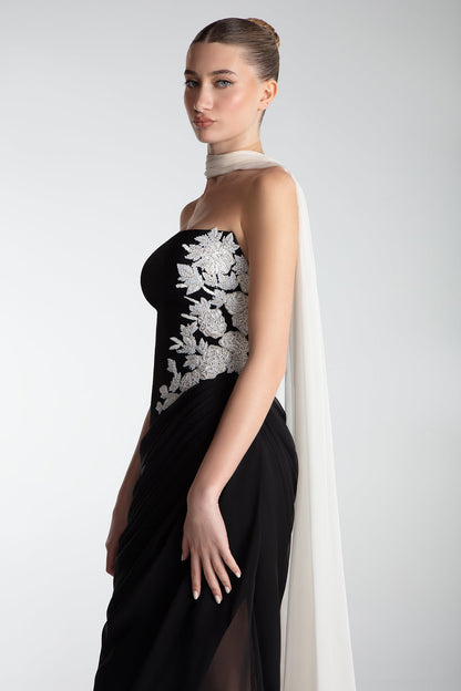 Strapless Floral-Appliqué Draped Gown