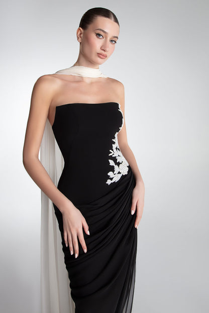 Strapless Floral-Appliqué Draped Gown