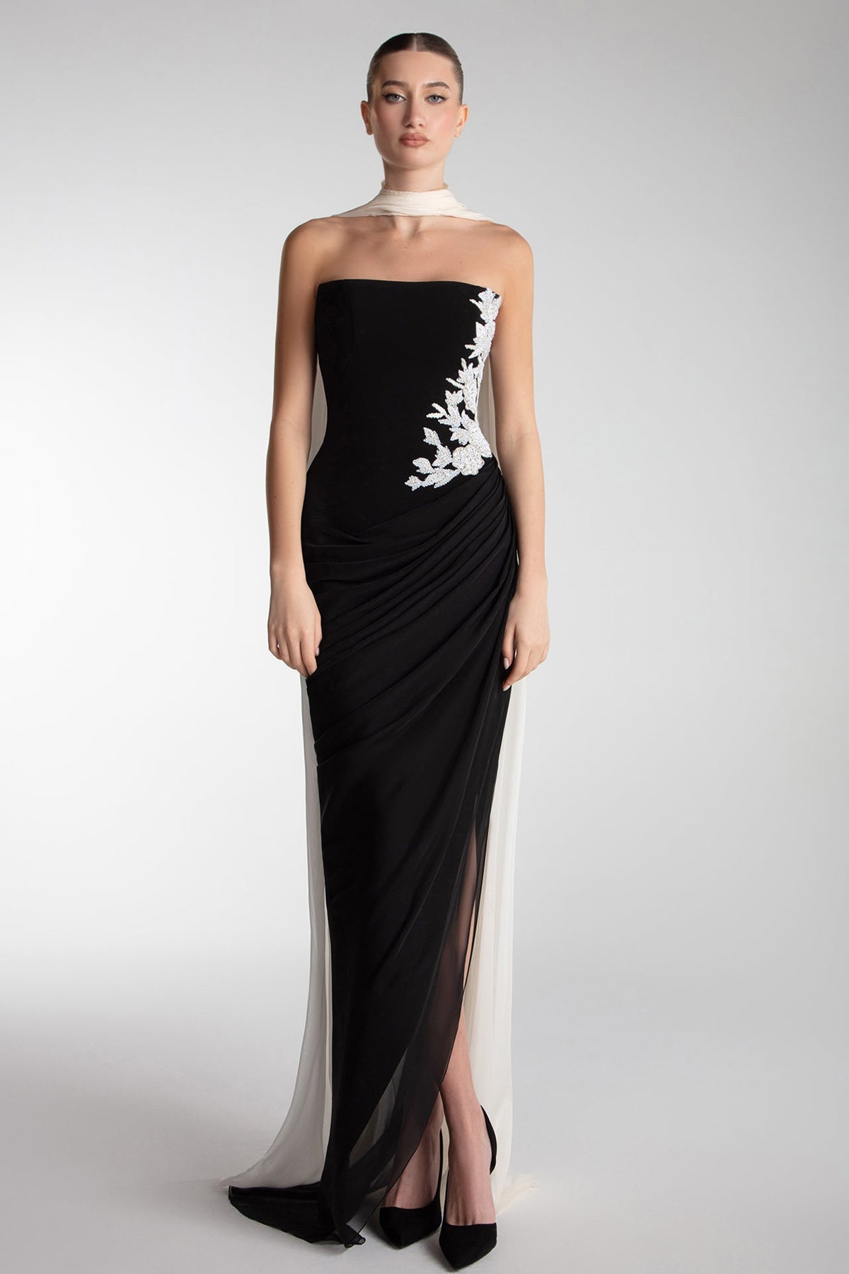 Strapless Floral-Appliqué Draped Gown