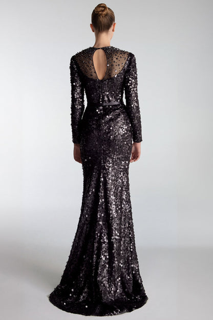 Beaded-Yoke Sequin Mermaid Gown