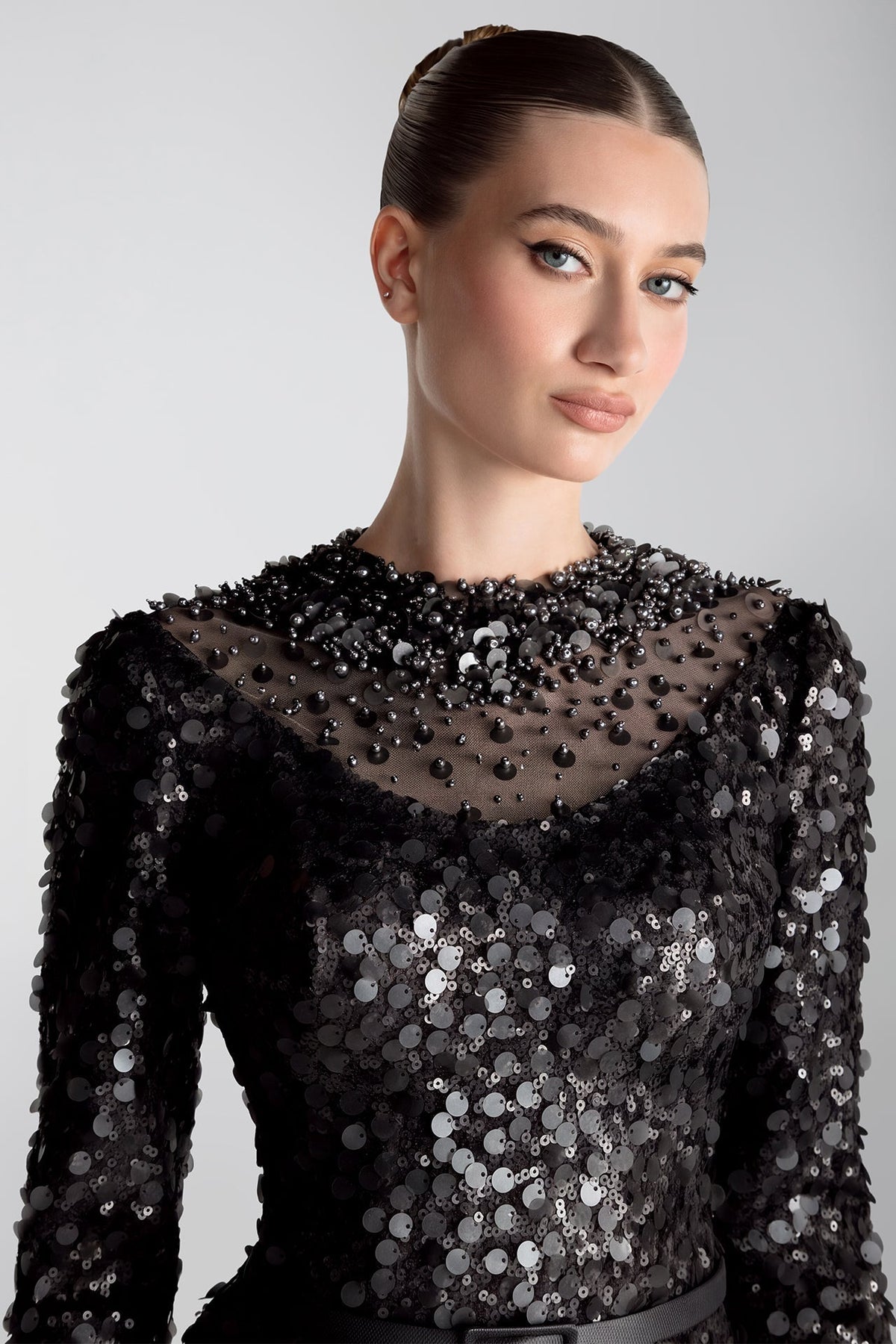 Beaded-Yoke Sequin Mermaid Gown