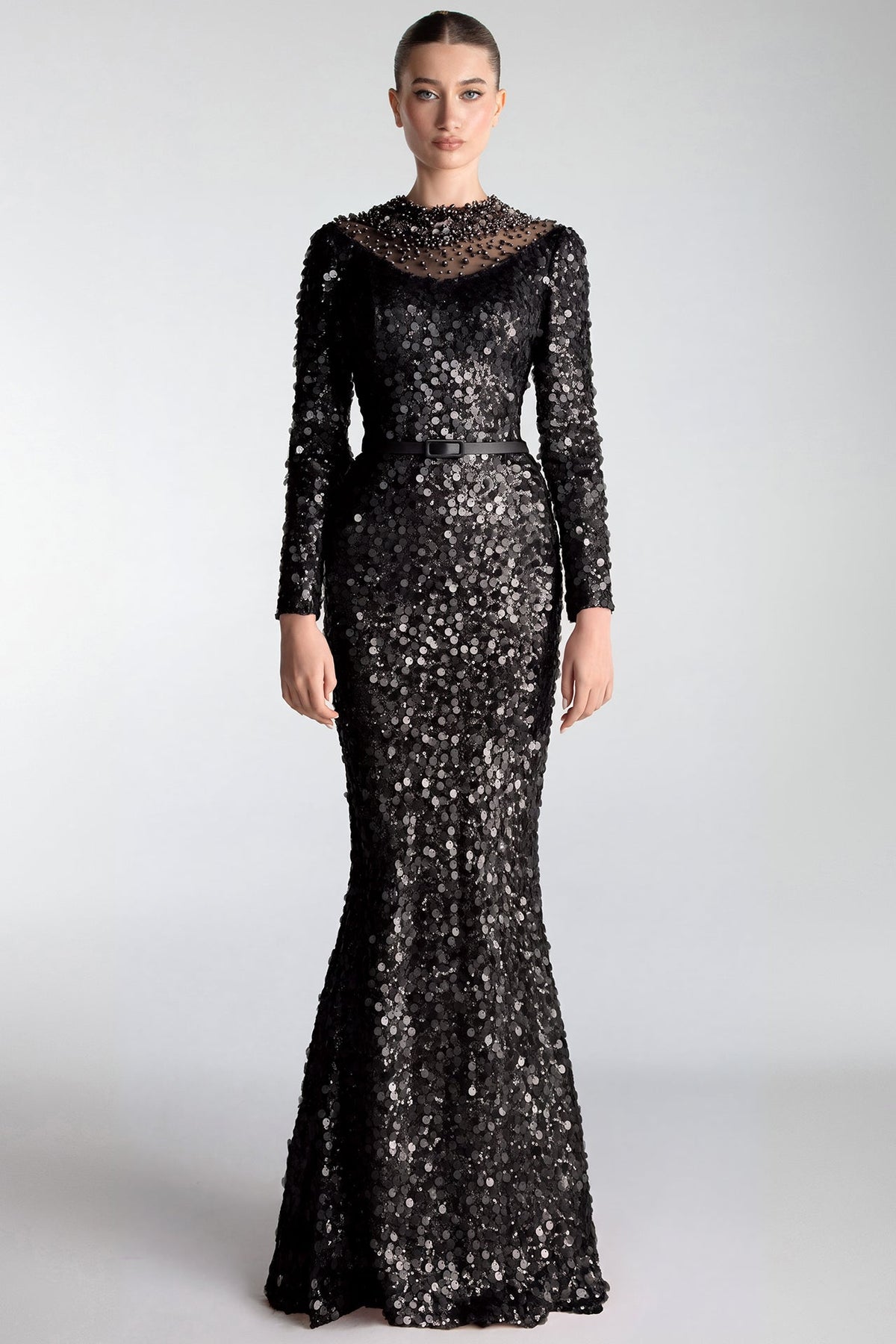 Beaded-Yoke Sequin Mermaid Gown