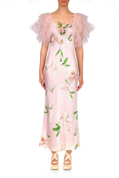 Floral Printed Silk Satin Midi Dress