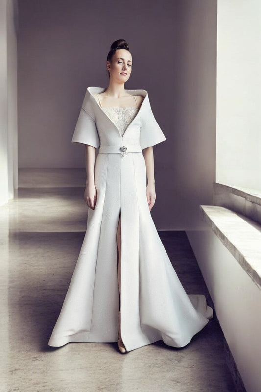 Short Sleeve Ivory A-Line Slit Gown