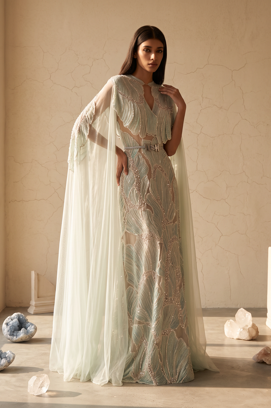 Leaf Embroidered Cape Sleeve Gown