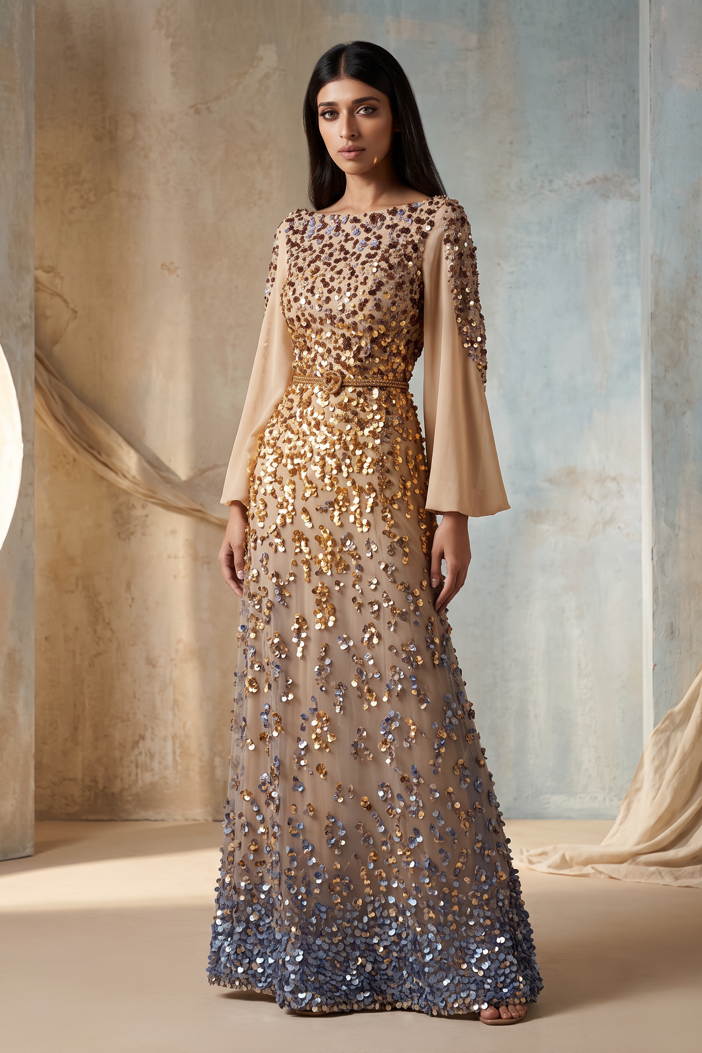 Long Sleeve Ombré Sequin Gown