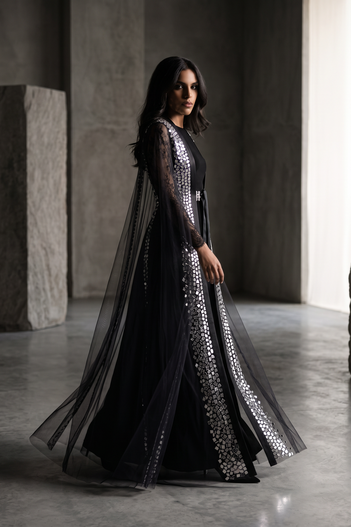 Sheer Beaded Overlay Gown