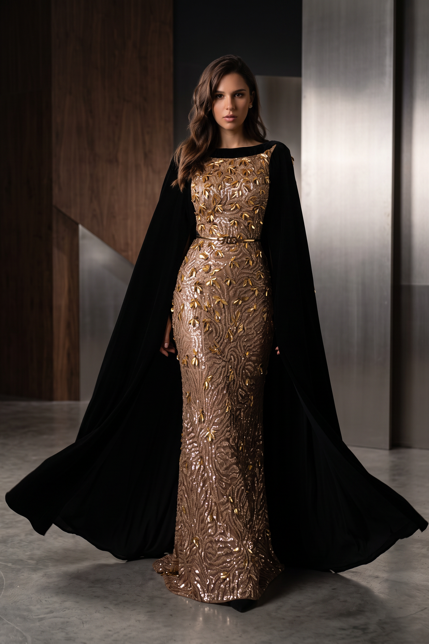 Gold Sequin Gown with Cape Overlay