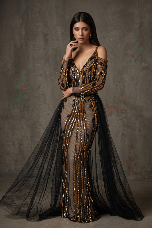 Long Sleeve Embellished Mesh Gown