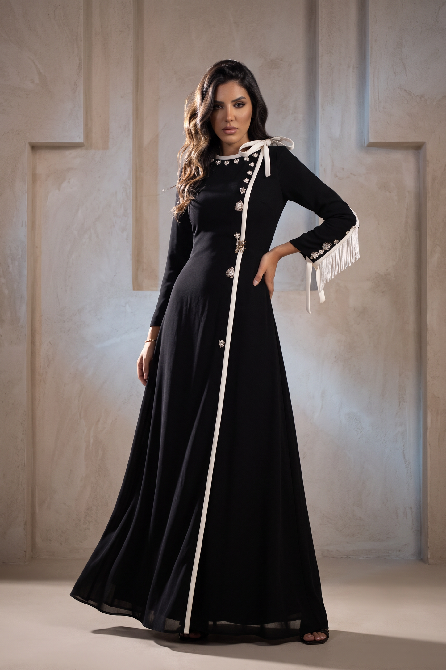Long Sleeve A-Line Ribbon Gown
