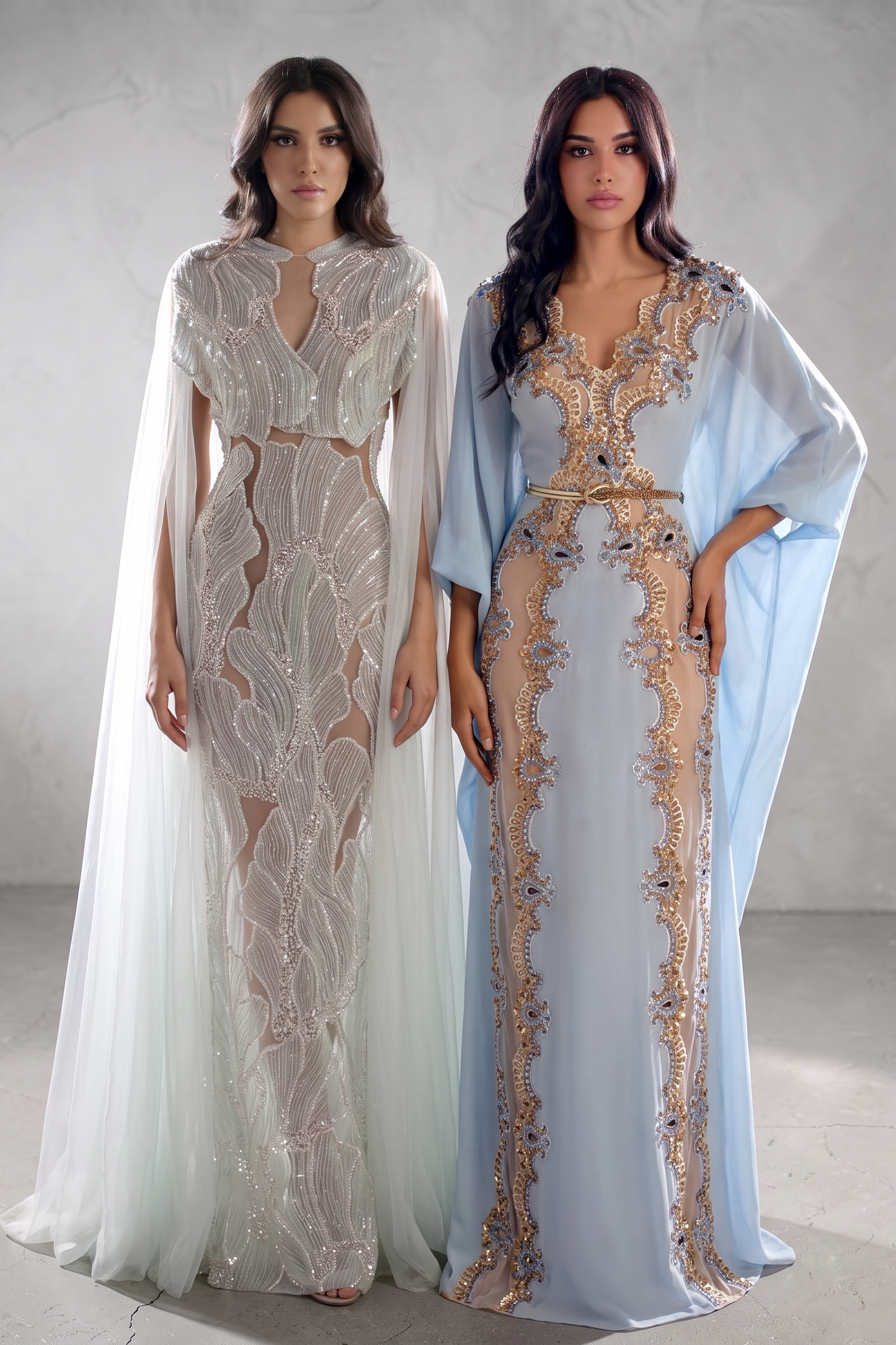Leaf Embroidered Cape Sleeve Gown
