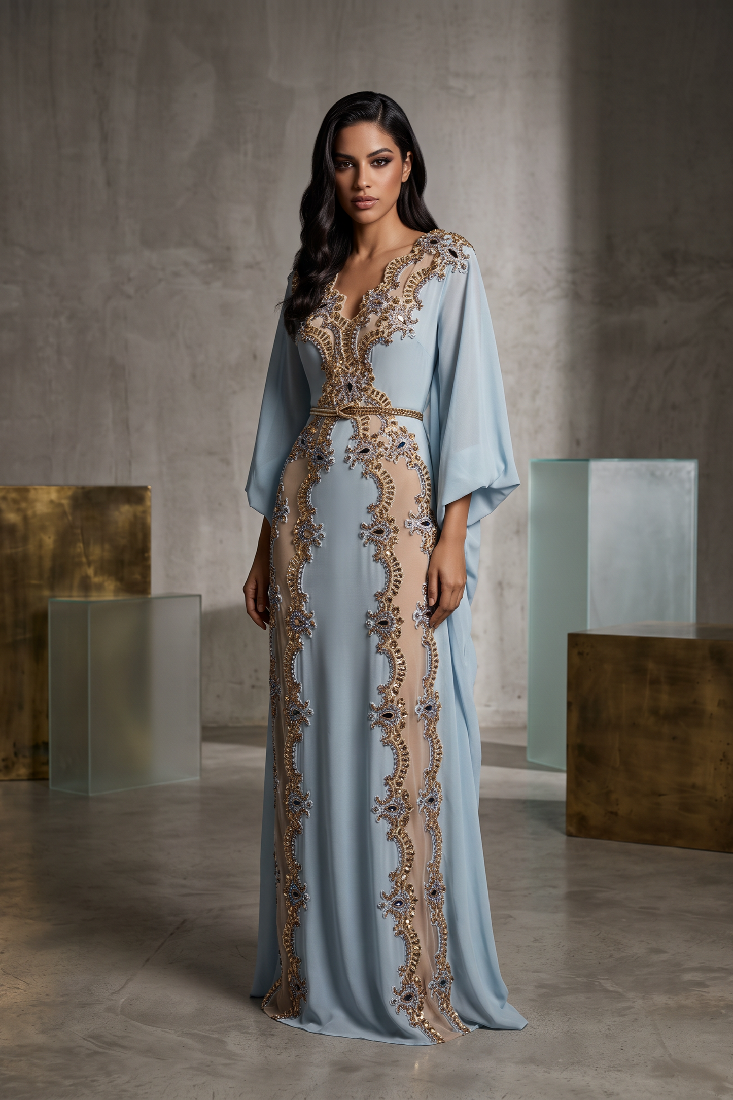 Light Blue Embroidered Kaftan Gown