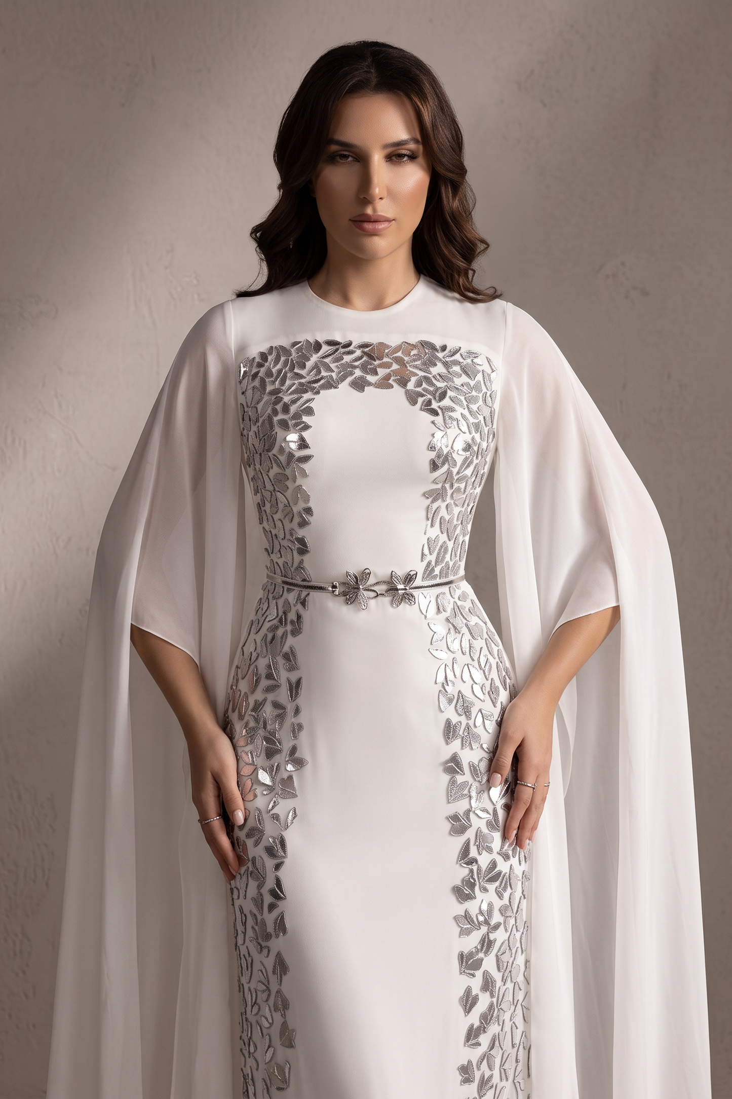 Embellished White Cape Sleeve Gown