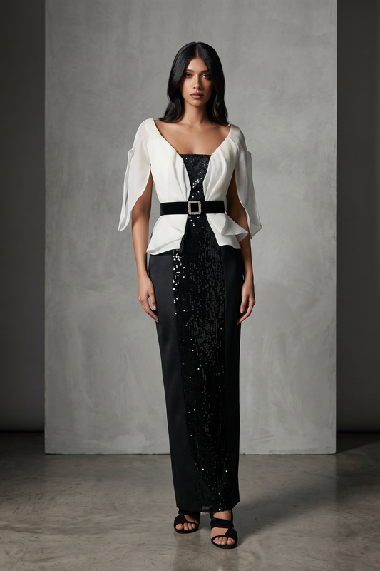 Black and White Beaded Column Gown