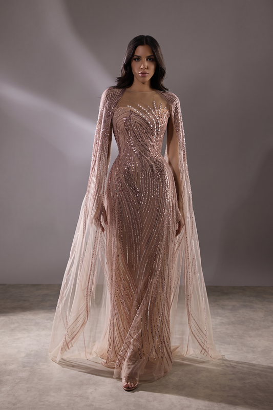 Illusion Beaded Cape Sleeve Gown
