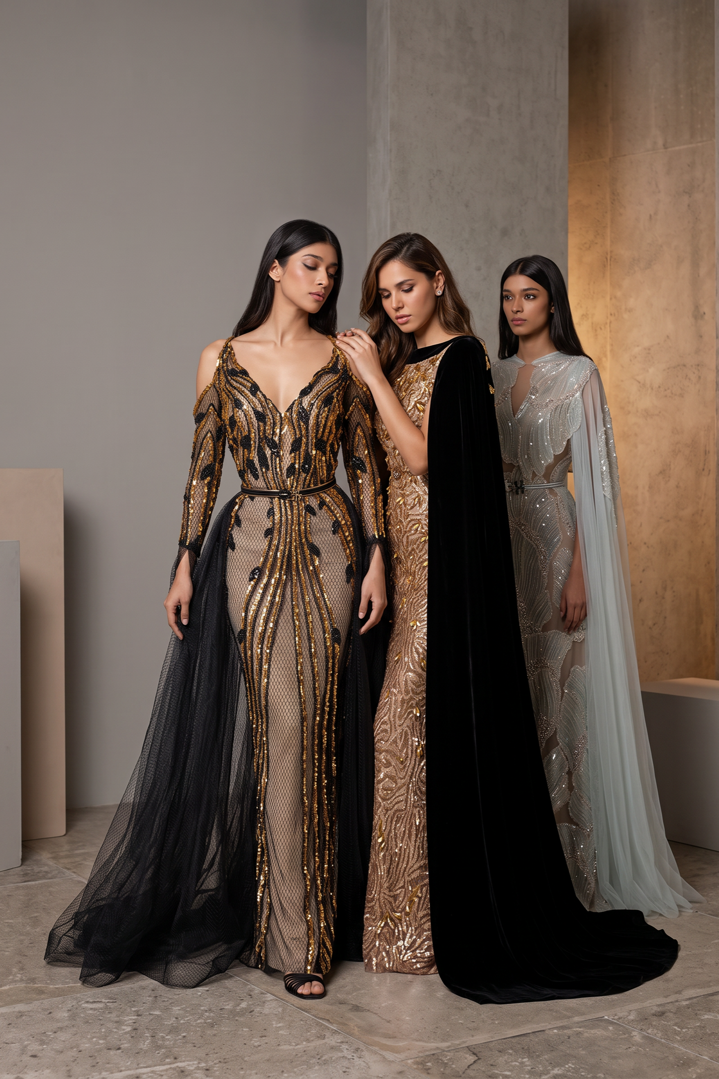 Long Sleeve Embellished Mesh Gown