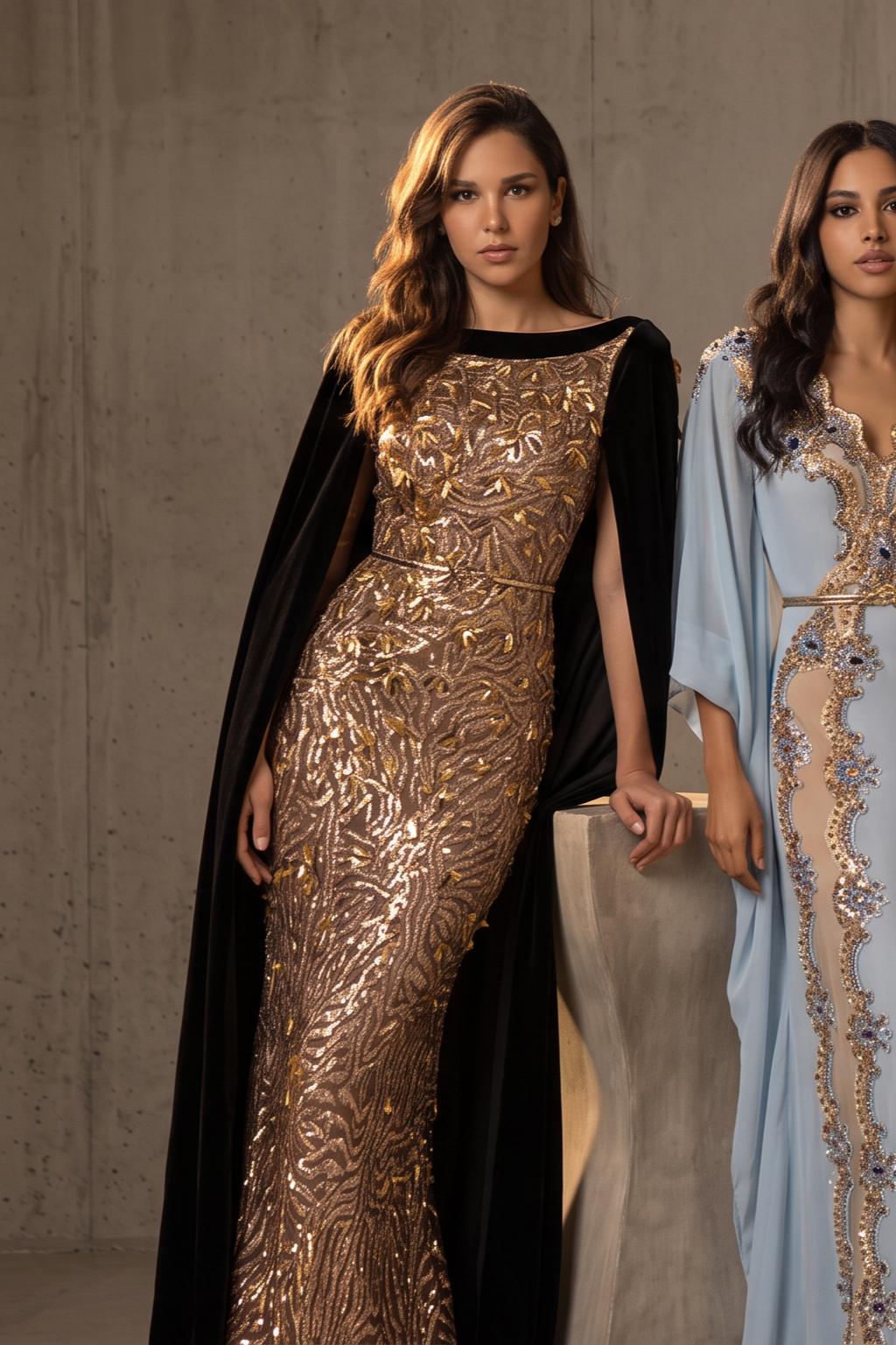 Gold Sequin Gown with Cape Overlay