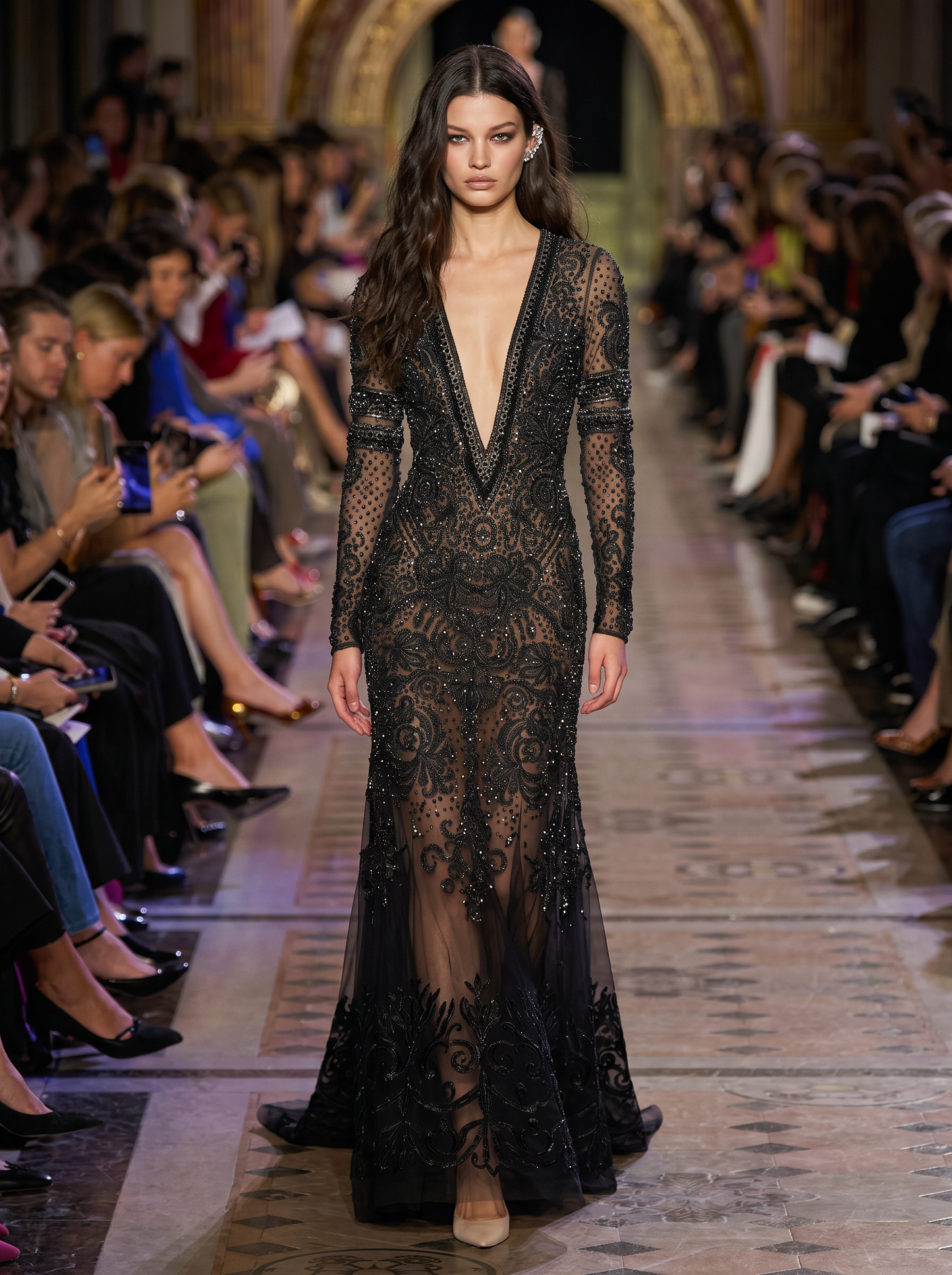 Plunge Neck Beaded Gown