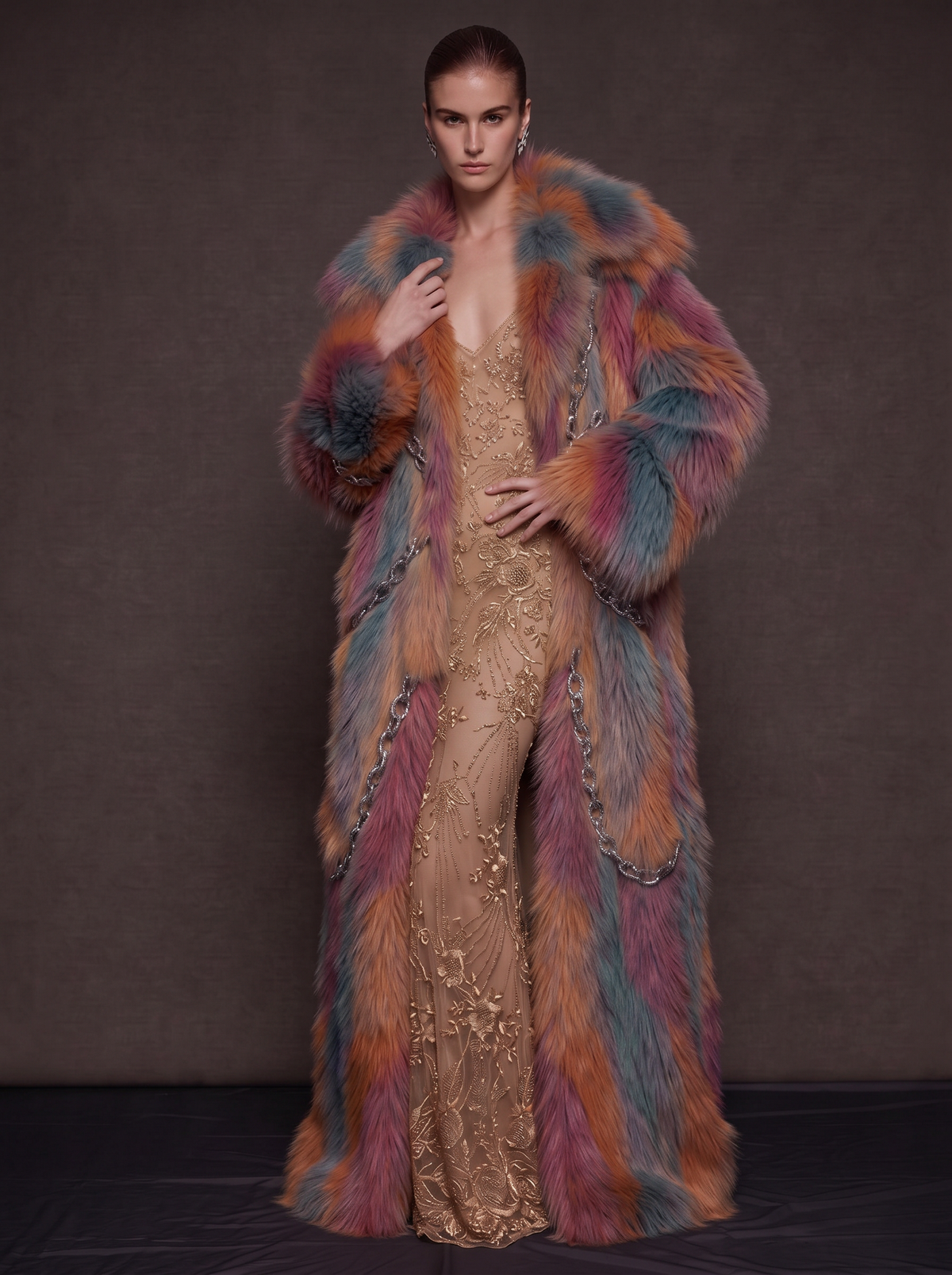 Multi Chained Faux Fur Coat