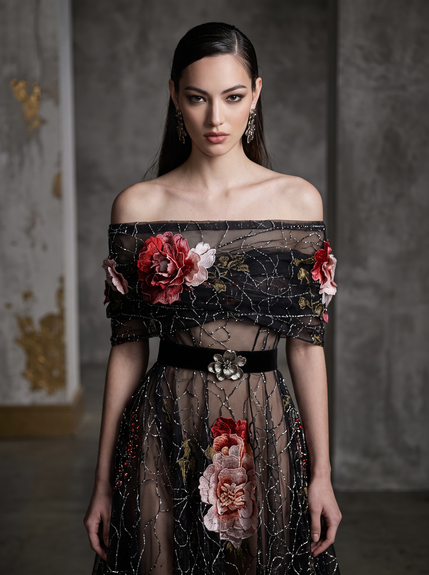 Off-Shoulder Short Sleeve Gown