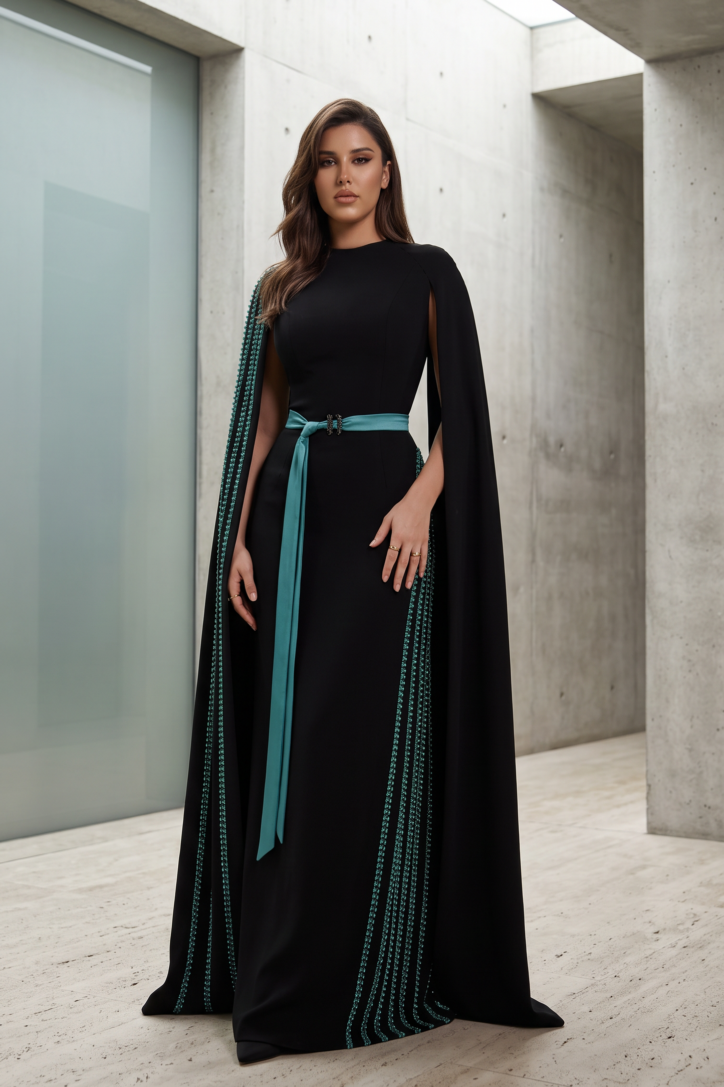 Black Beaded Cape Sleeve Gown