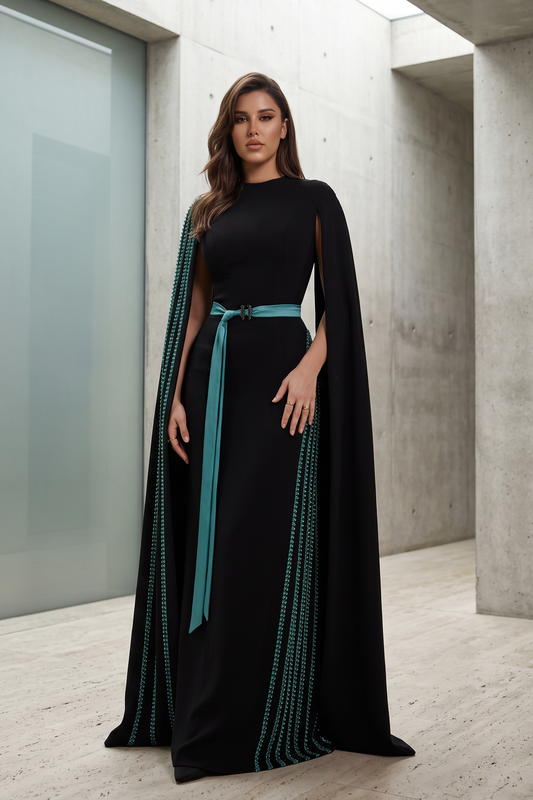 Black Beaded Cape Sleeve Gown