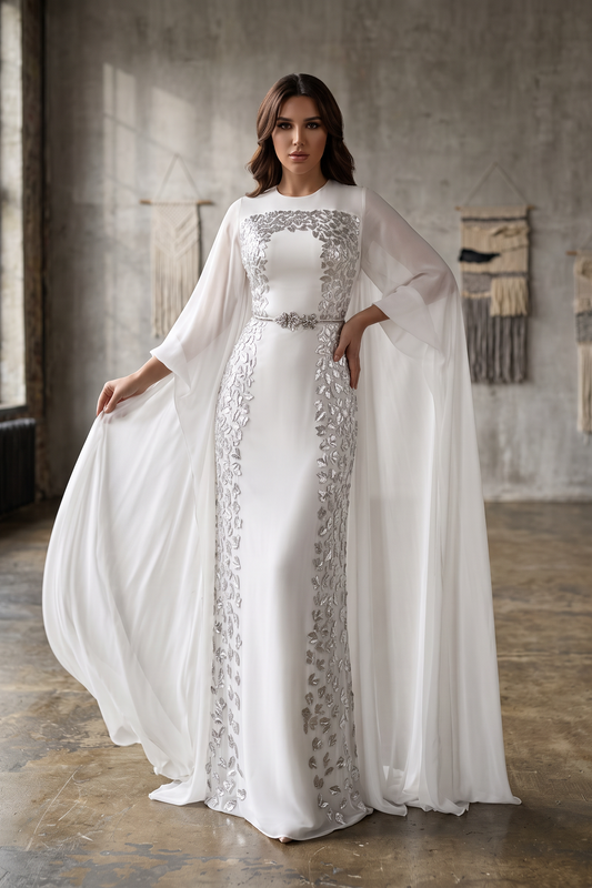 Embellished White Cape Sleeve Gown
