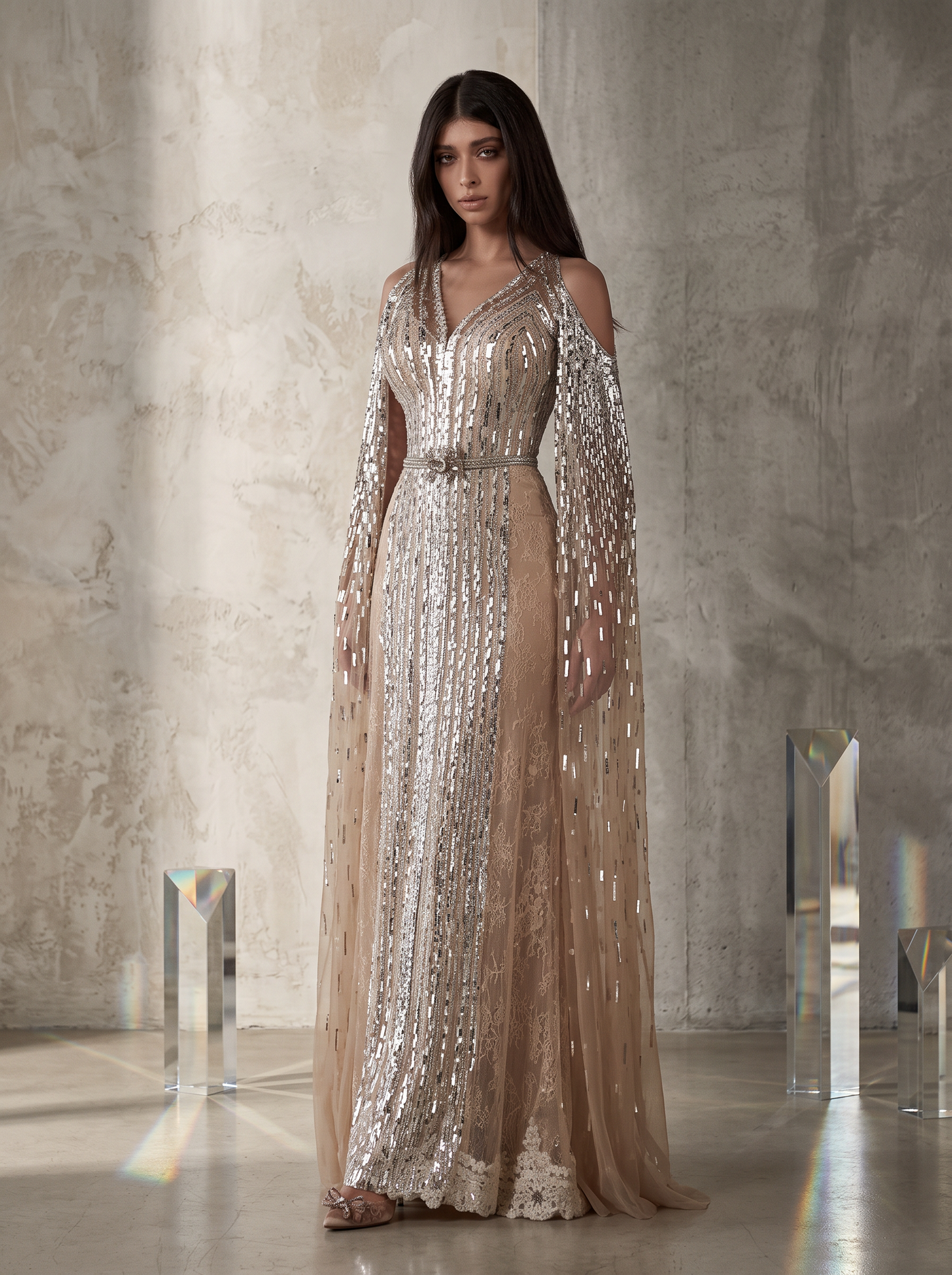 Beige Beaded Cape Sleeve Gown