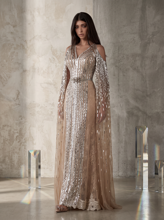 Beige Beaded Cape Sleeve Gown