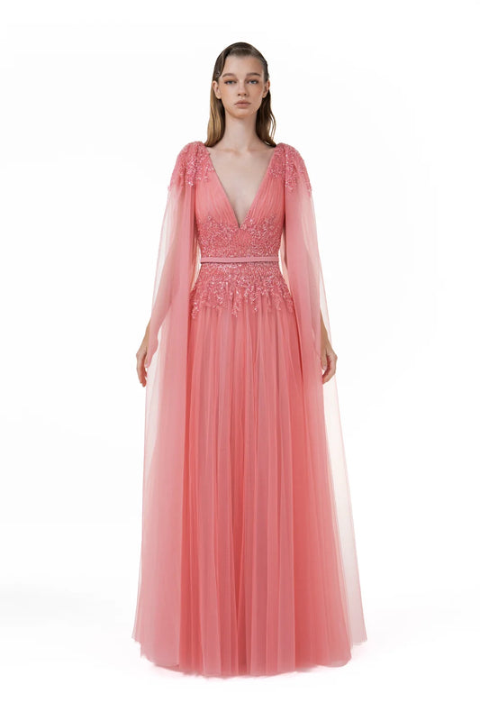 Draped Tulle Embroidered Gown