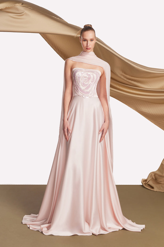 Strapless Sequin Rose Gown