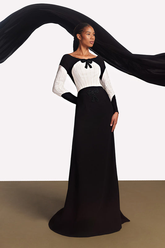 Two-Tone Long-Sleeve Bow Gown