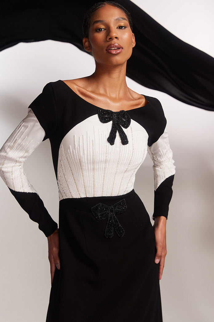 Two-Tone Long-Sleeve Bow Gown