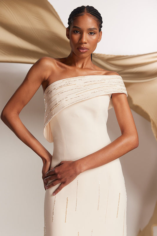 Asymmetric Off-Shoulder Beaded Gown